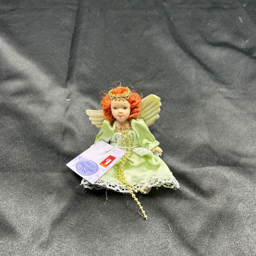 Collectible Porcelain Angel Doll Red Hair Green Satin Lace Dress Miniature 73198